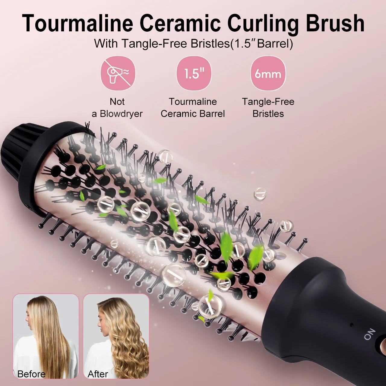 Hatteker 1.5” tourmaline ceramic curling brush with tangle-free bristles for professional salon-style hair styling.