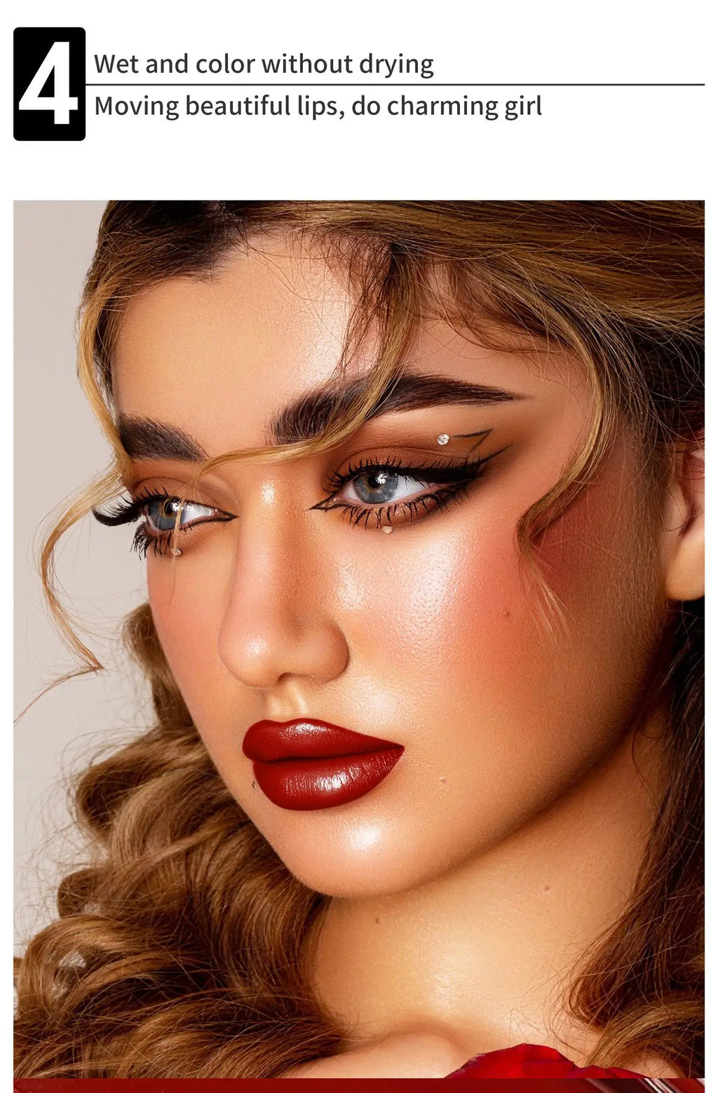Model wearing long-lasting waterproof red matte lipstick and lip liner for a bold, non-drying finish.