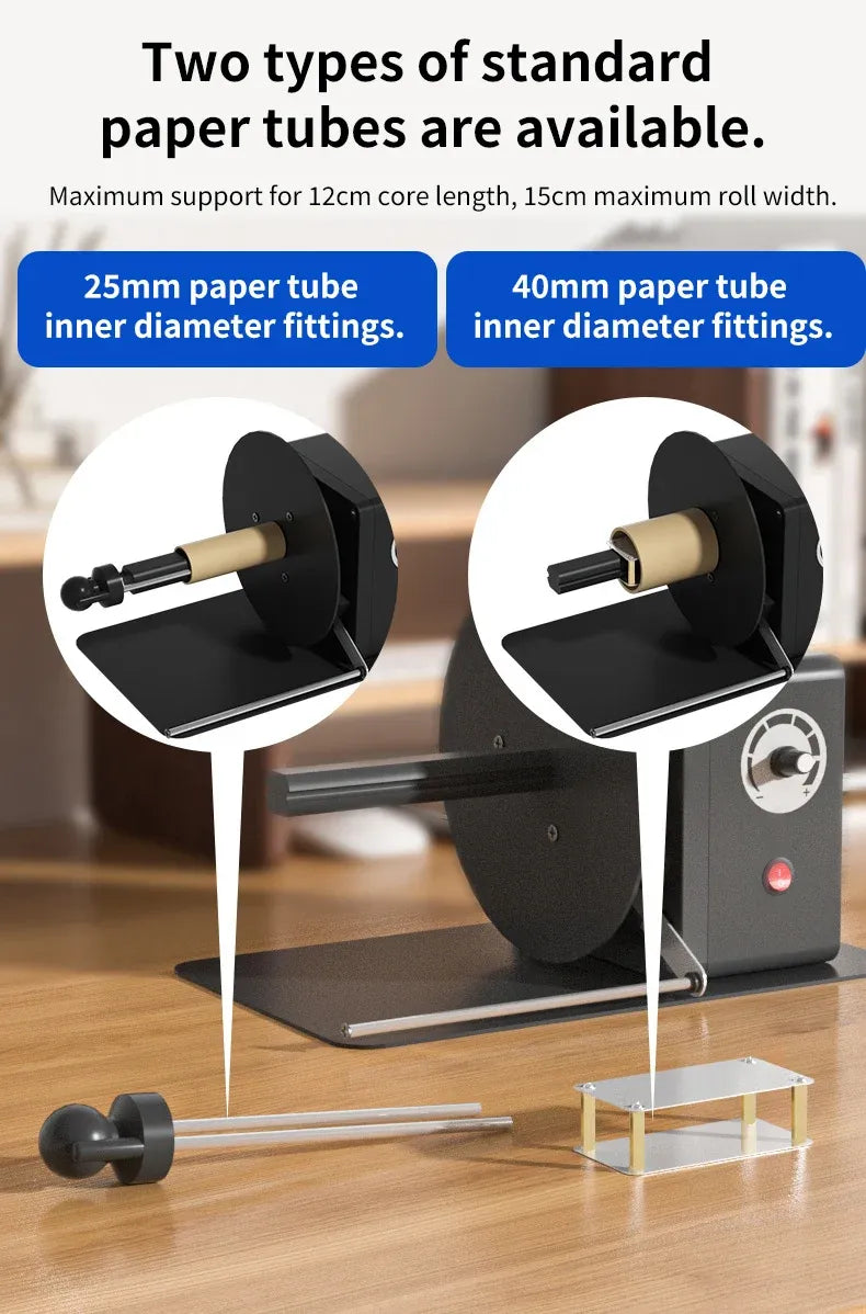 Label rewinder with compatible 25mm and 40mm paper tube core fittings