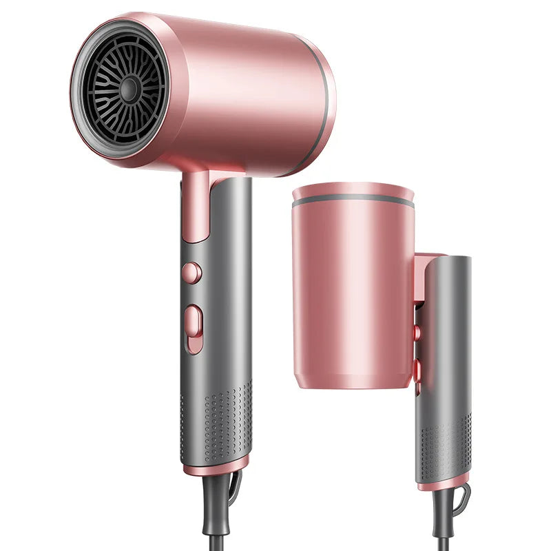 Rose gold foldable negative ion hair dryer with high-speed motor and nozzle for professional salon-quality drying.