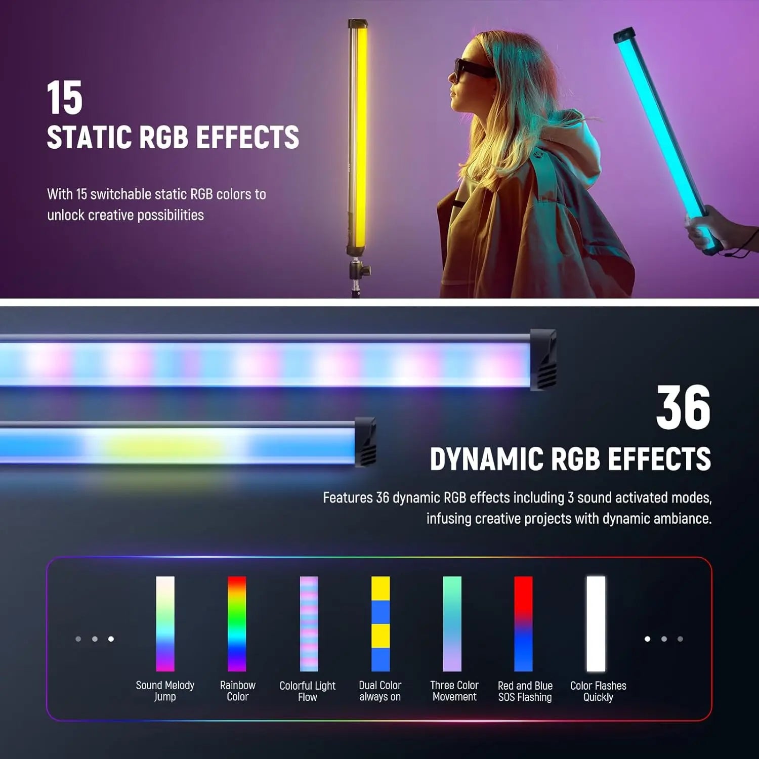 Handheld RGB LED light wand with multiple static and dynamic color modes for creative photography and video lighting.