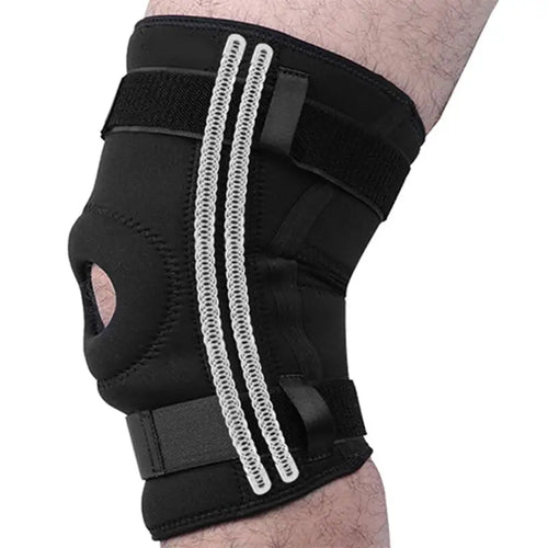 Black neoprene knee brace for pain relief and orthopedic joint support with stabilizing side springs.