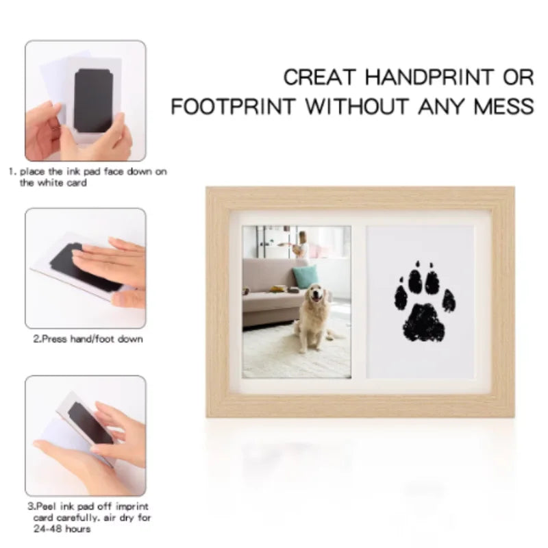 Mess-free inkless ink pad kit for non-toxic pet paw prints and newborn baby footprints in a wooden souvenir frame.