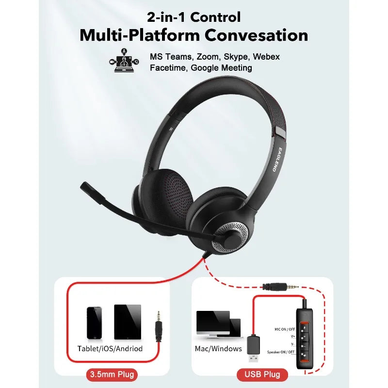 USB PC Headset with Noise Cancelling Mic for Office & Studio Calls Tidesmit