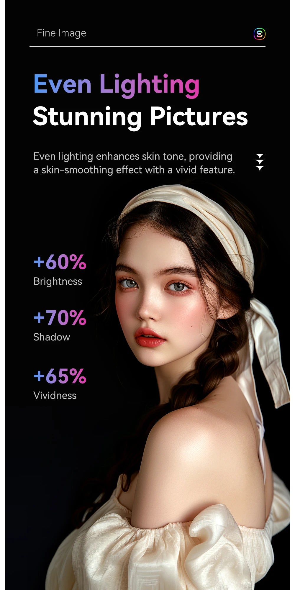 Portrait showing skin-smoothing, brightness, shadow, and vividness enhancements on a young woman with a silk headband.