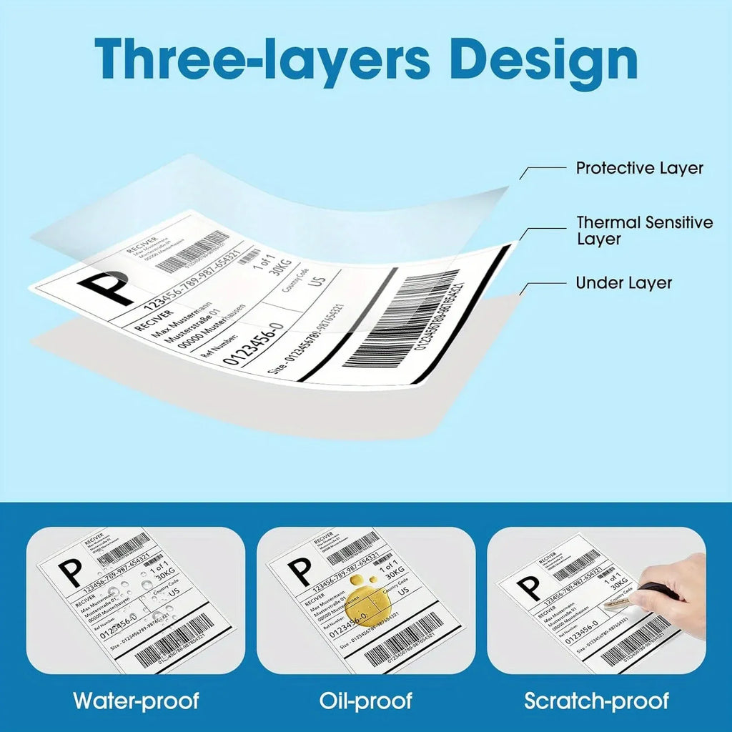 Thermal shipping label with three-layer design and barcode, water-proof and oil-proof