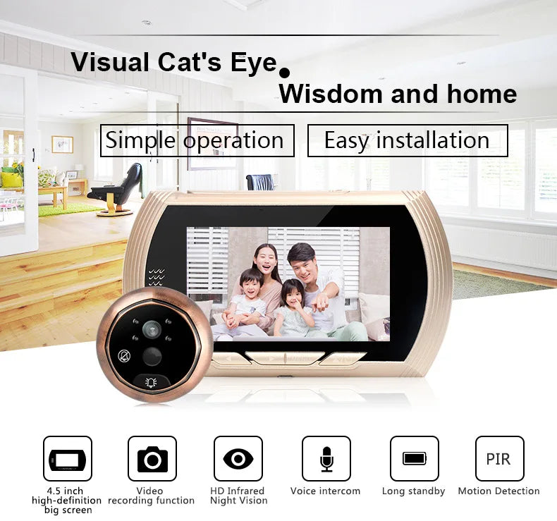 4.5 Inch Smart Digital Door Viewer Camera Door Eye Video Record Peephole Viewers IR Night Vision PIR Motion No Disturb Doorbell
