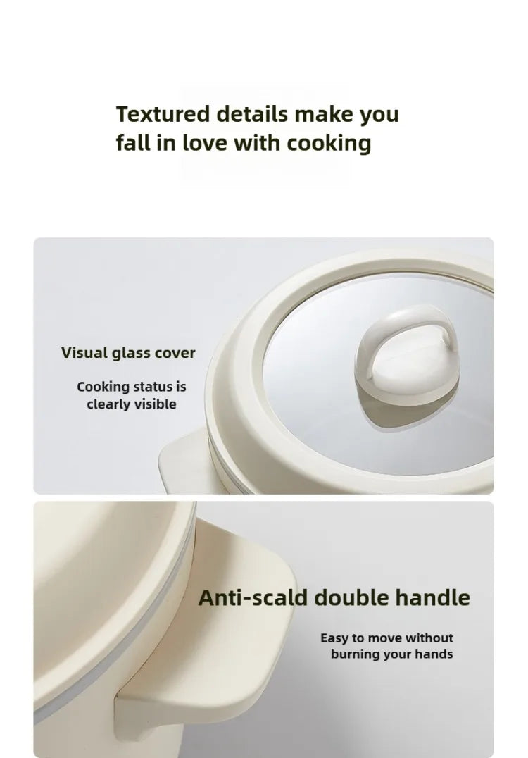 Electric multi cooker with clear glass lid and anti-scald double side handles