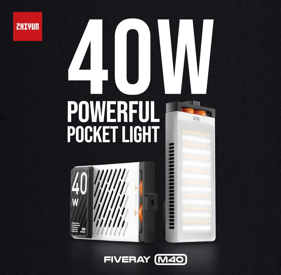 Fiveray M40 pocket LED video light. Rectangular white and black device with grid vents and dual control dials.