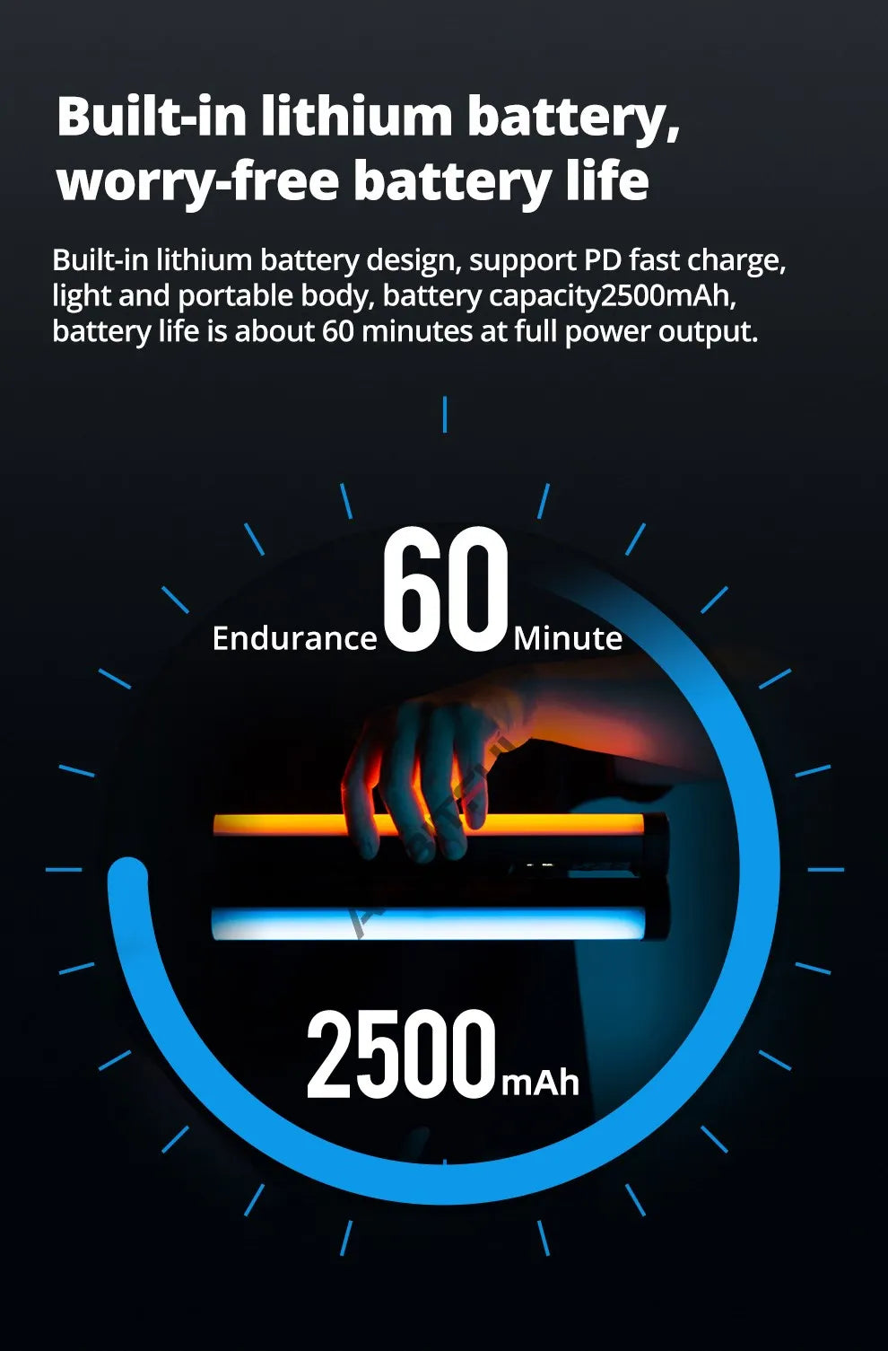 Portable LED light wand with 2500mAh lithium battery for 60 minutes of use, shown glowing orange and blue.