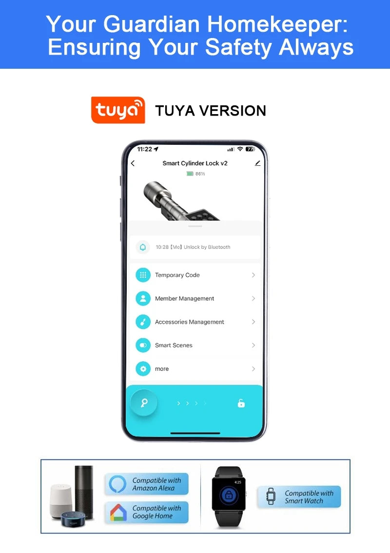XSDTS Cylinder Electronic Smart Door Lock  Tuya APP Fingerprint Digital Keypad Key Card Remote Control Adjustable Home Apartment