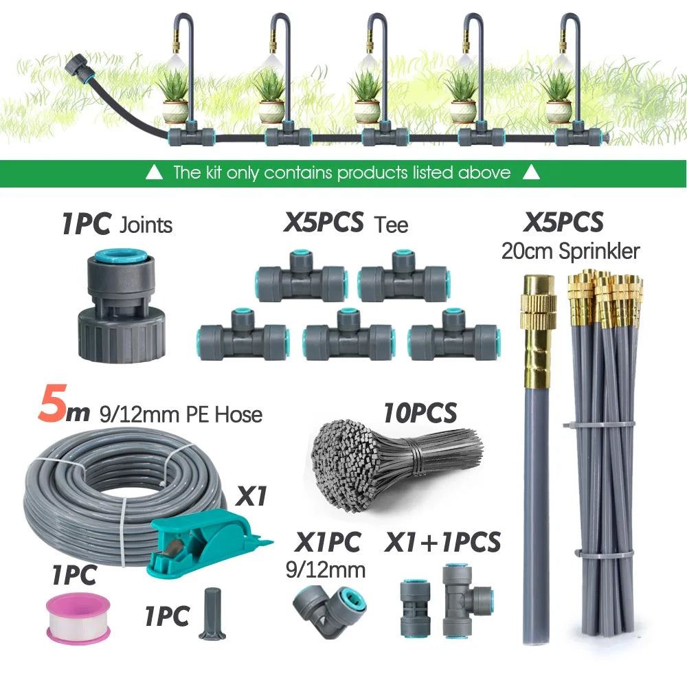 Garden sprinkler irrigation kit with teal tap adapter, hose coil, tee connectors, and brass sprayer stakes