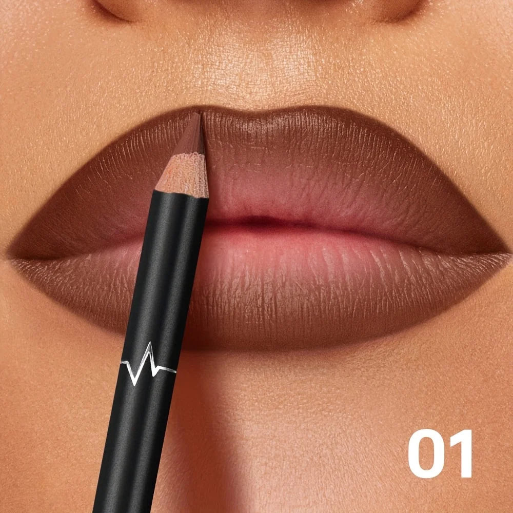 PUDAIER waterproof matte brown lip liner pencil creating a smooth, long-wear defined lip look. Shade 01.