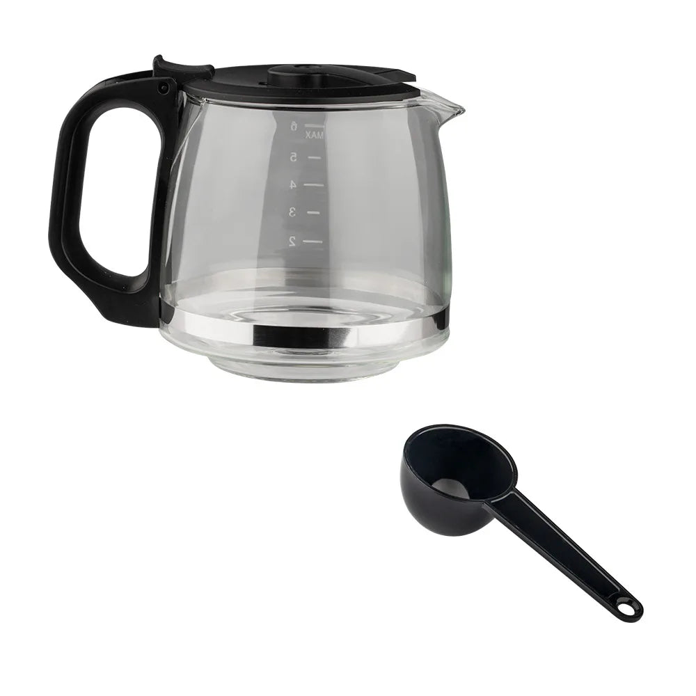 Replacement glass coffee carafe with black handle, lid, and measuring scoop. 5-cup capacity.