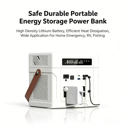 White portable 1000W power station with brown strap, LED display, and multiple charging ports, isolated on white.