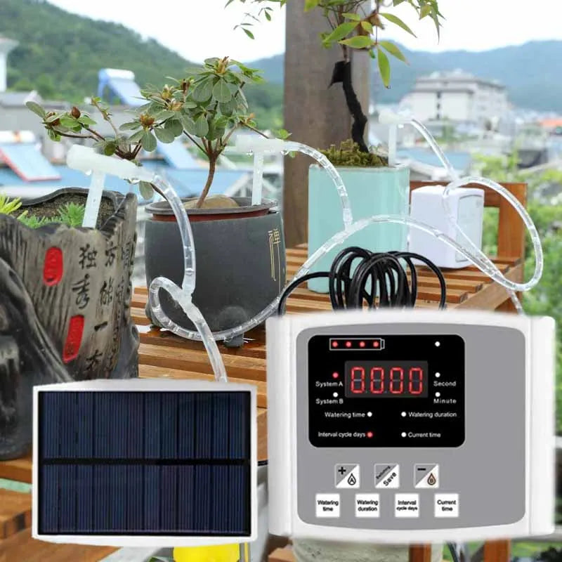 Solar drip irrigation controller with dual pump, clear tubing lines, and digital display