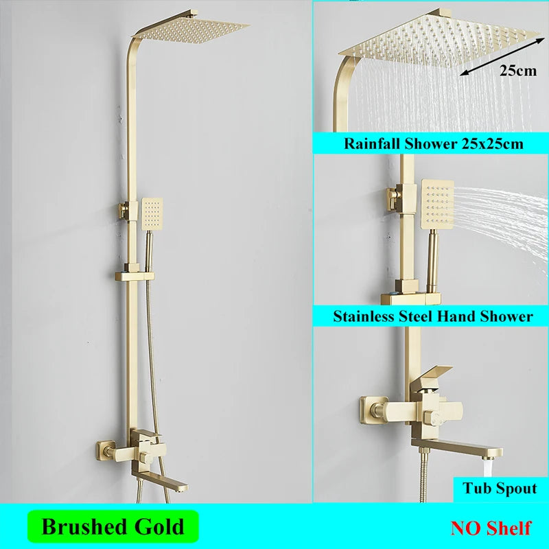 White Bathroom Shower Faucet Set Long Spout Rotation 3 Function Rainfall Headshower With Shelf Hot Cold Shower Mixer Tap System