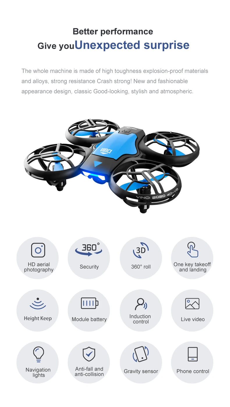 Blue and black mini quadcopter drone with four protective rotor guards, used for aerial photography and RC flight.