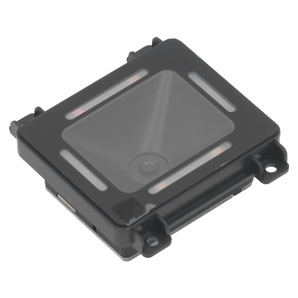 Black 2D barcode reader module angled close-up with scanning window and corner latch