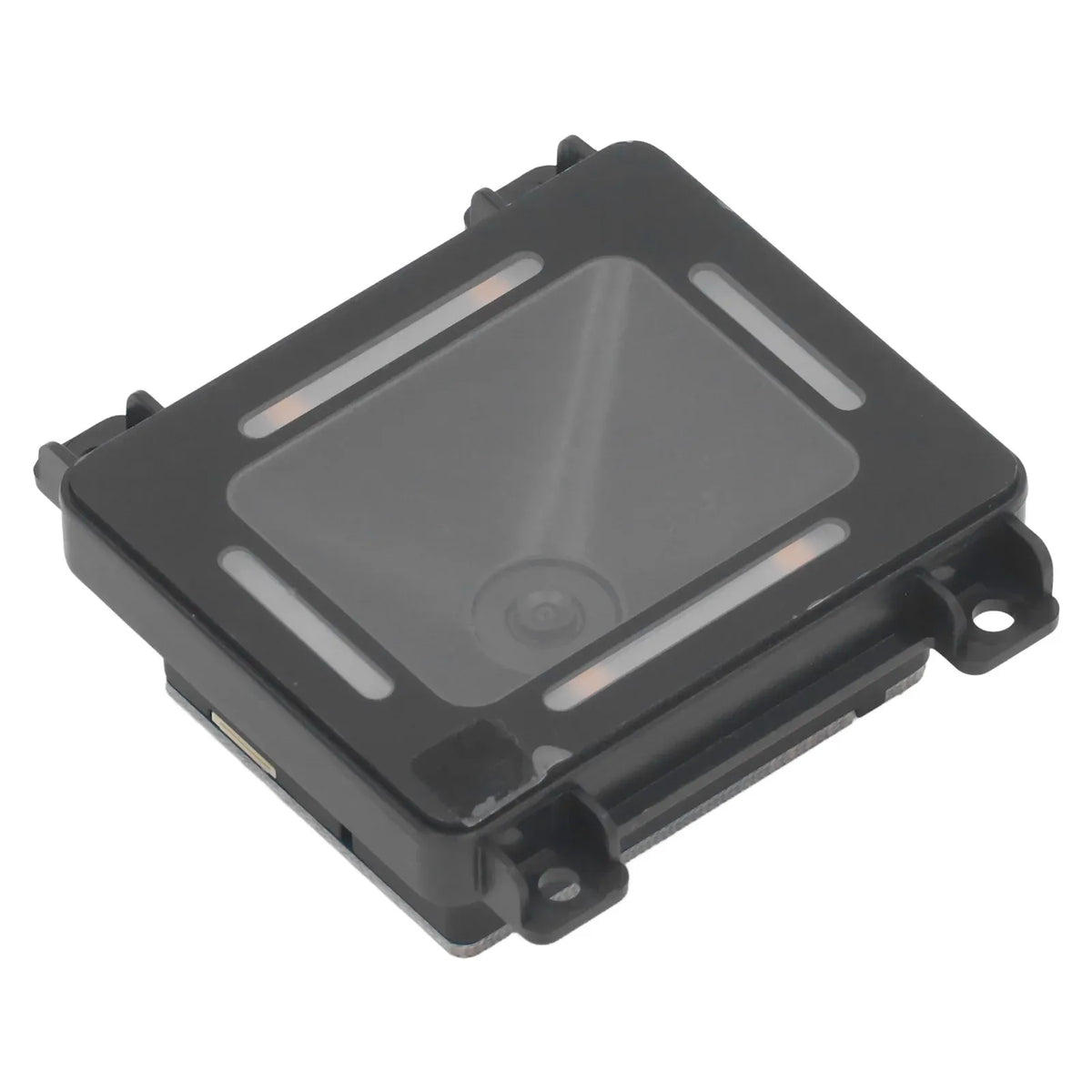 Black 2D barcode reader module angled close-up with scanning window and corner latch