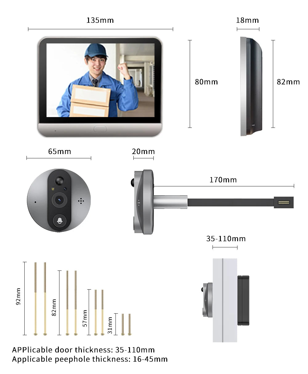 Yuezhe Tuya 3MP Peephole Smart WiFi Doorbell with Camera 4.3inch 1080P Eye 5000mAh PIR Motion Alarm Alexa Bell for Home