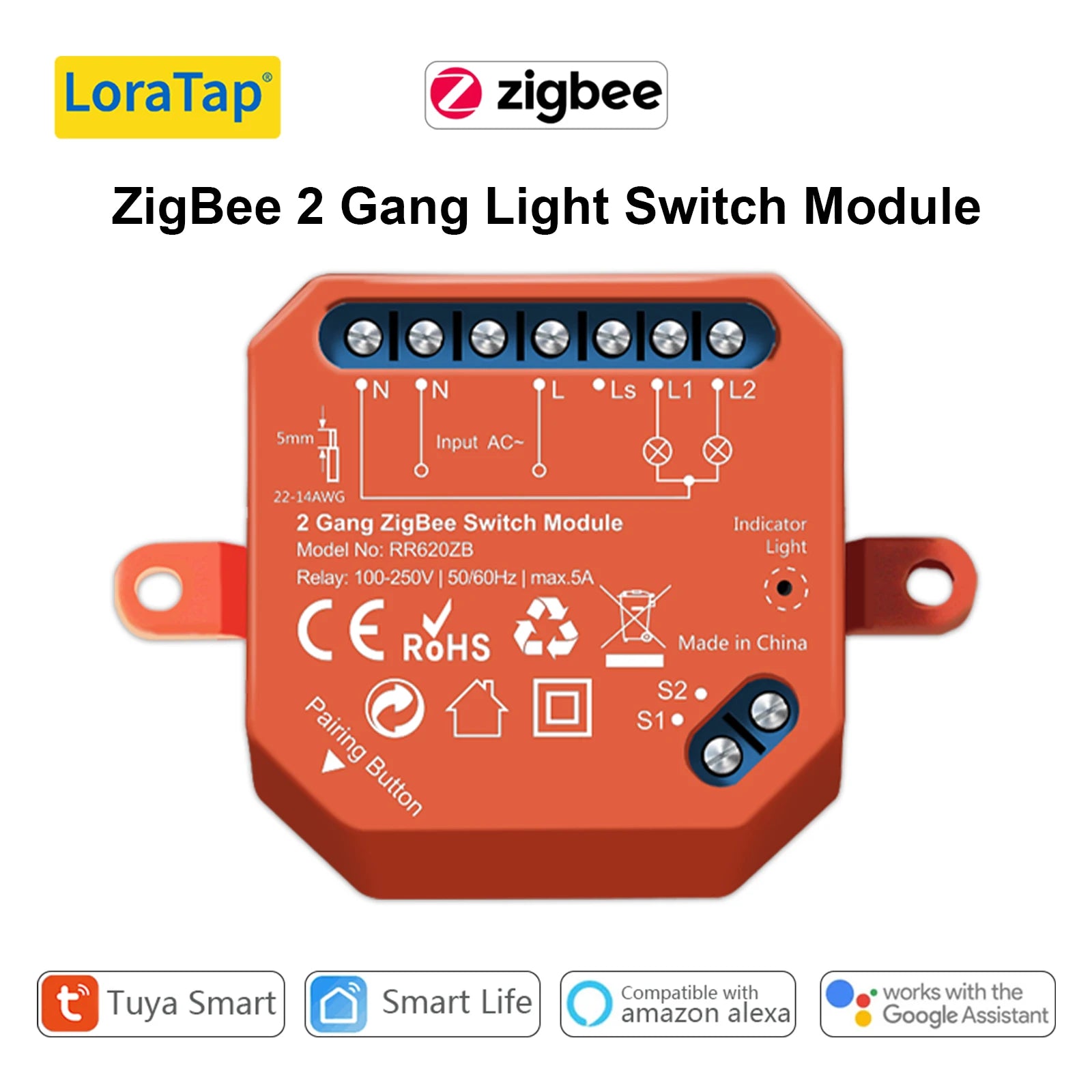 Smart WiFi Light Switch Module for Home Automation - App Controlled ZigBee 2 Gang Switch Tidesmit