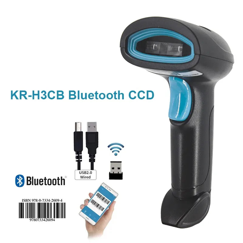 Bluetooth CCD 2D handheld barcode scanner, black with blue accents and scanning window