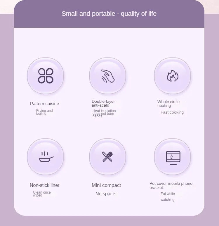 Purple mini electric cooking pot control icons and nonstick liner graphic