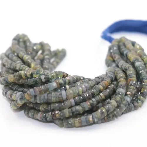 Strand of faceted bead rings, gray-green stones with gold flecks, small round tyre beads