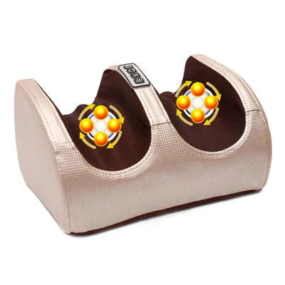 Beige electric foot and calf massager with deep tissue kneading rollers and heating function for muscle pain relief.