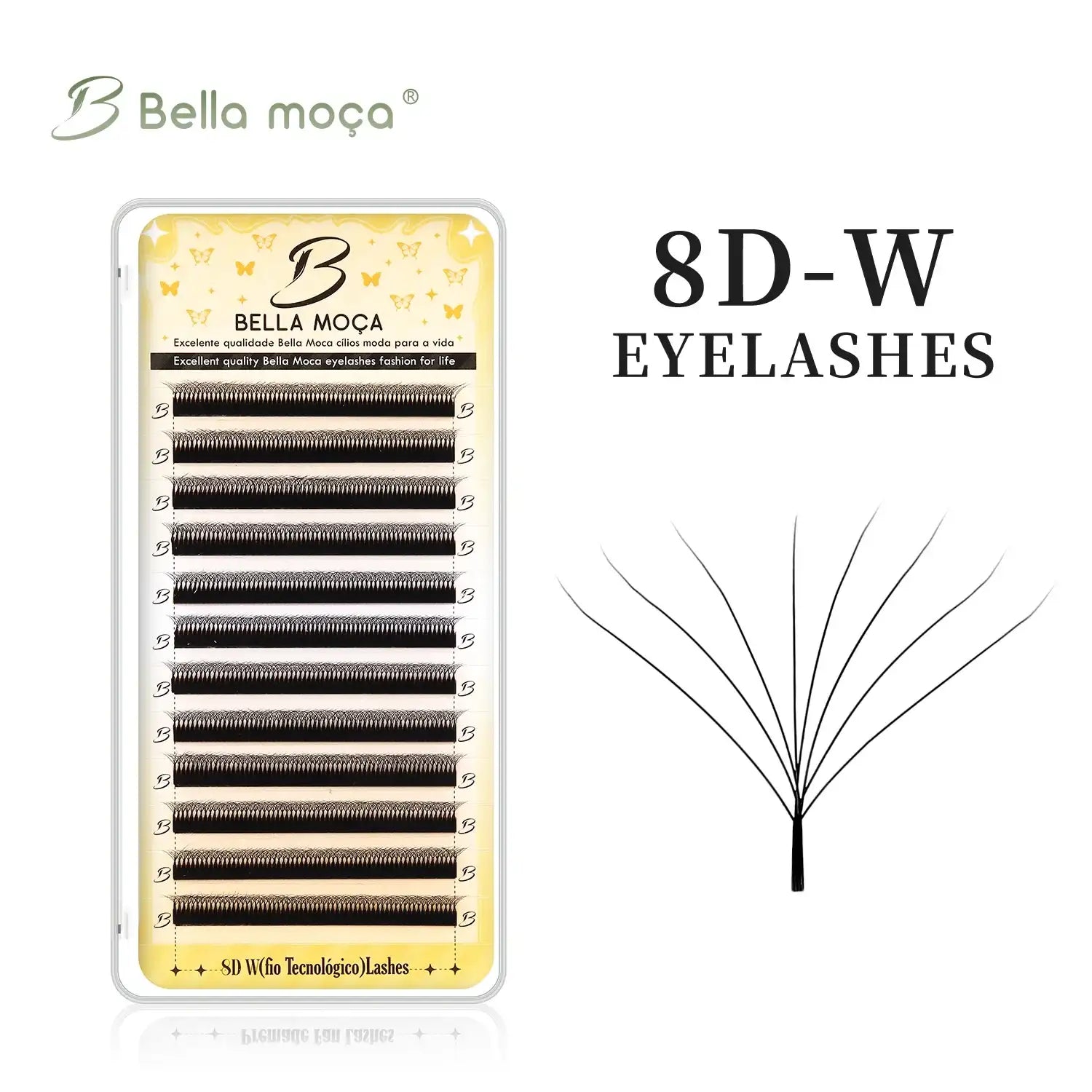 Tray of black 8D-W volume lashes by Bella Moça, featuring a soft silk texture and organized rows for application.