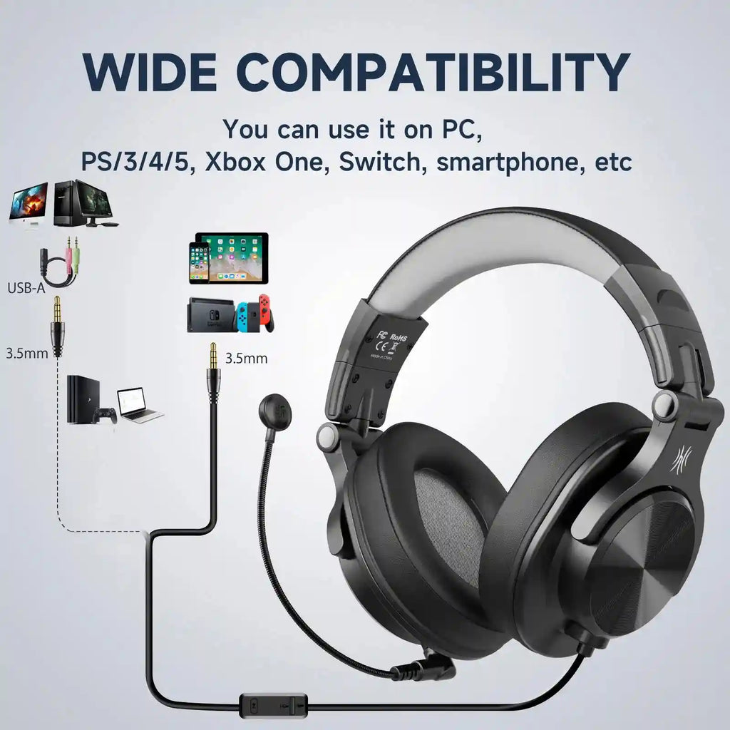 Wired Gaming Headset - Over-Ear with Detachable Mic, Black-Gray Tidesmit