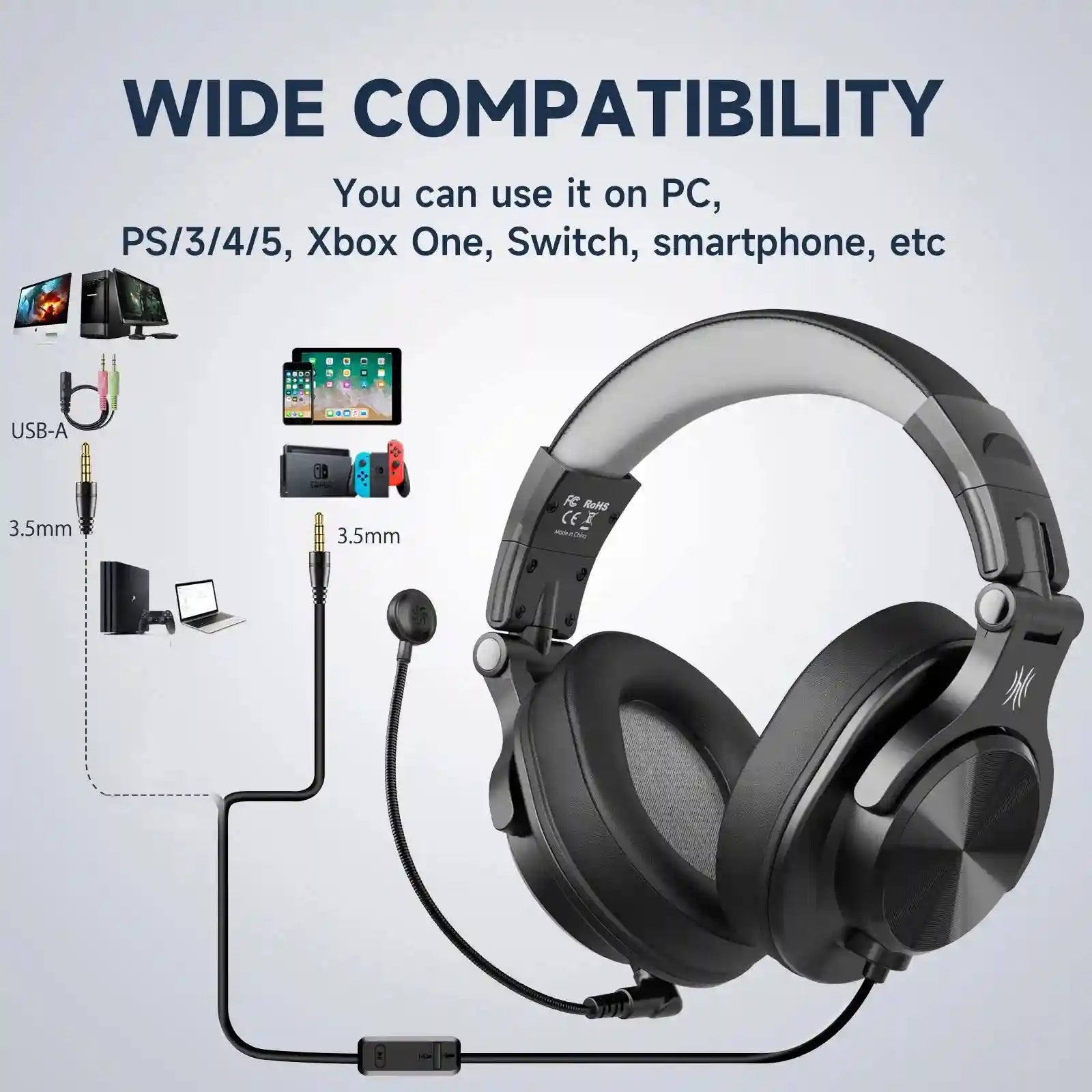 Wired Over-Ear Gaming Headset with Detachable Microphone Tidesmit