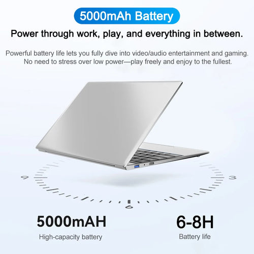 Ultra-slim silver 14.1-inch laptop shown at an angle, featuring a black keyboard and side USB and charging ports.