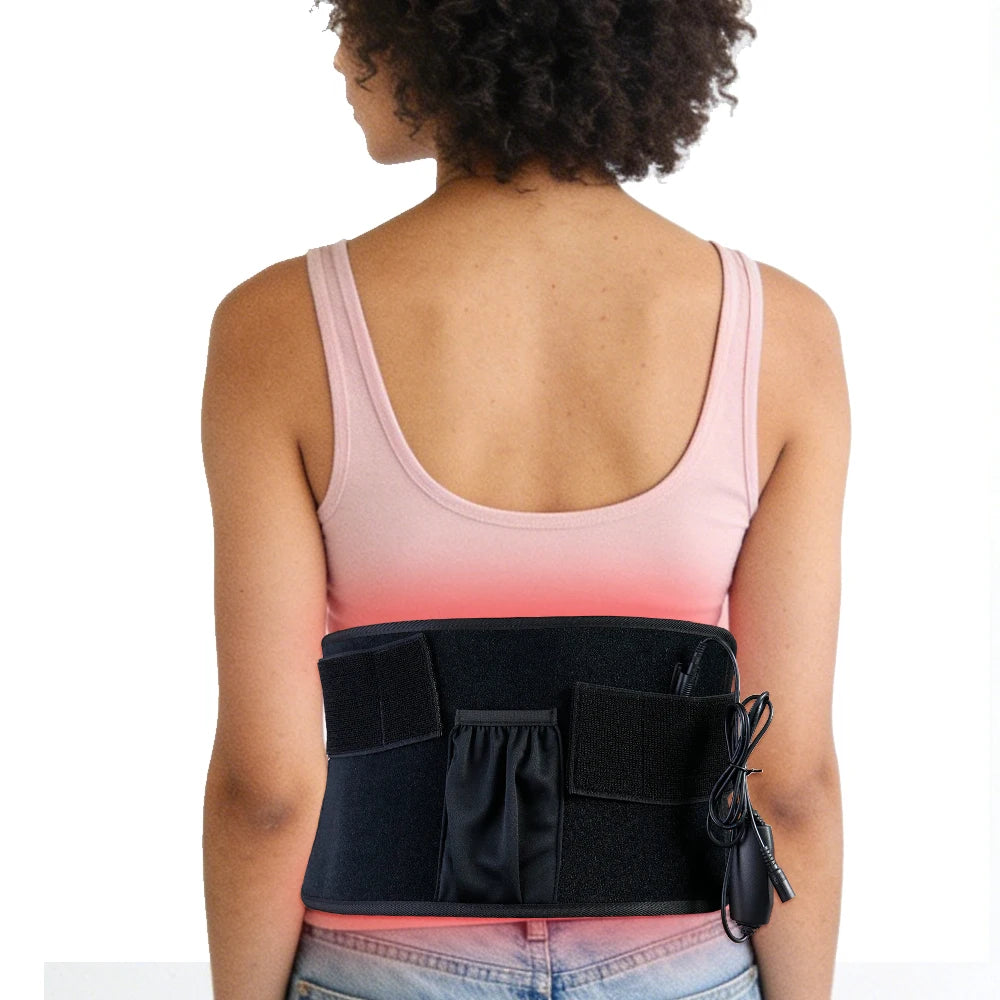 Red light therapy waist belt with 120 LEDs for back pain relief, body shaping, and infrared heat massage support.