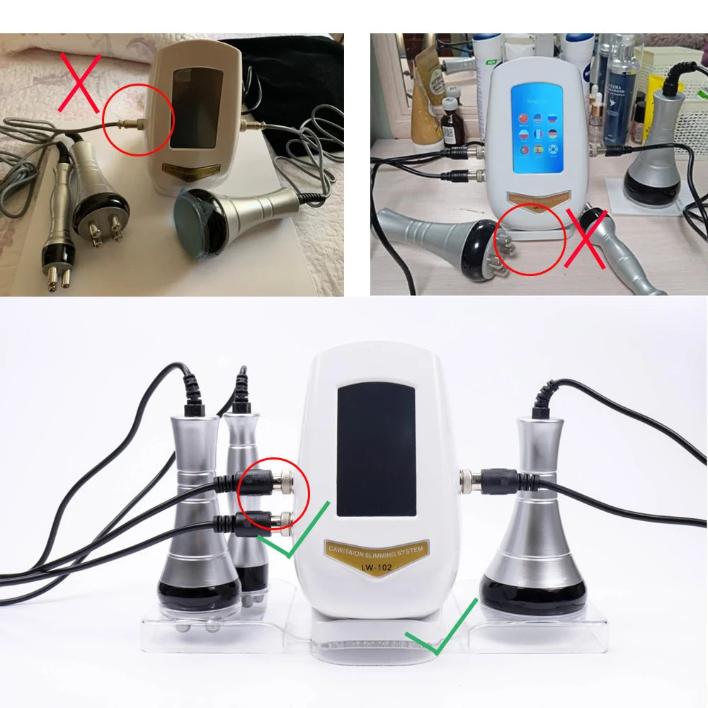 White and silver 40k cavitation slimming machine with multiple wands, showing correct and incorrect plug connections.
