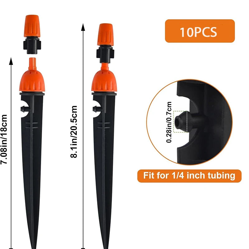 360° drip spray stake emitter with shutoff, orange nozzle, black stake for 1/4in tubing
