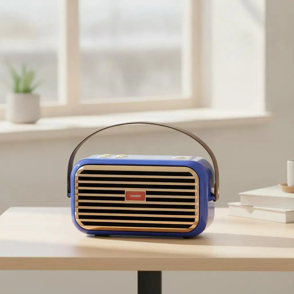 Portable Bluetooth speaker, blue with brown carry handle and front striped grille.