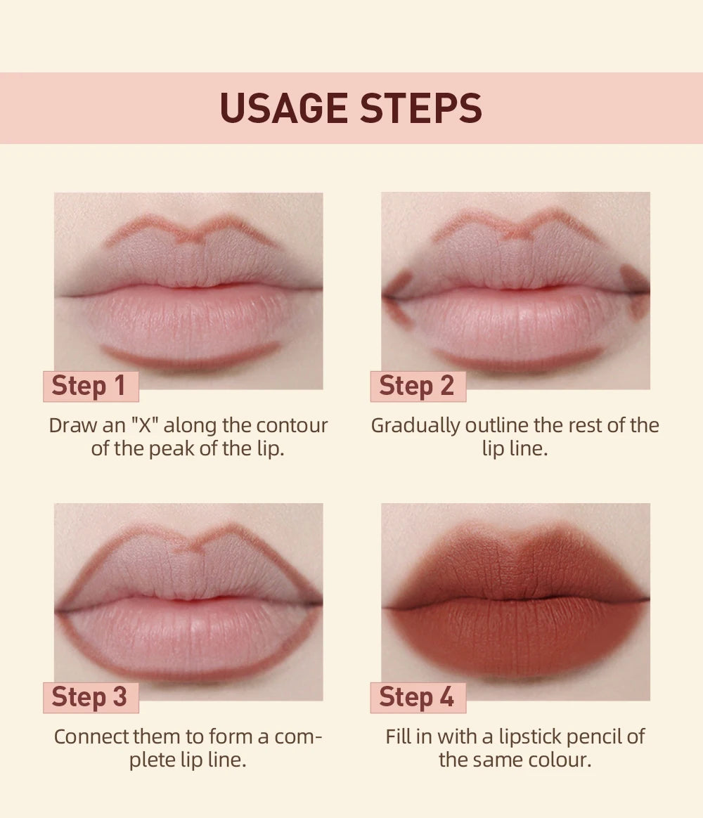 QIBEST 4-step tutorial showing how to apply matte nude lip liner and waterproof lipstick for a defined, full lip look.