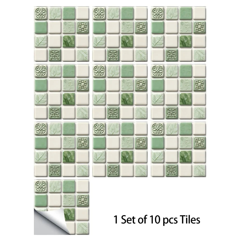 Green and white mandala tile sticker set with beige embossed square pattern