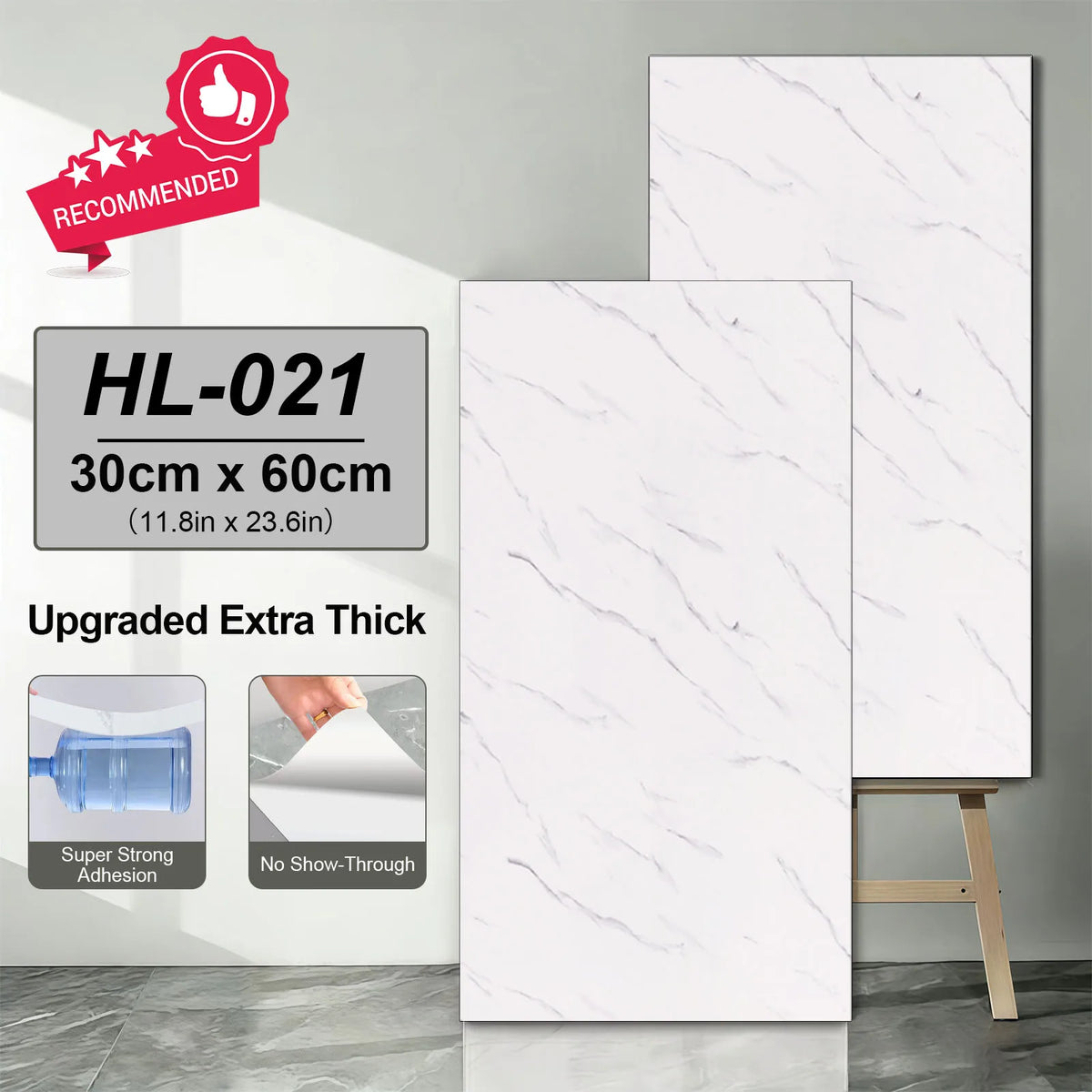 White marble-look self-adhesive vinyl floor tile stickers with light grey veining, 30x60 cm.