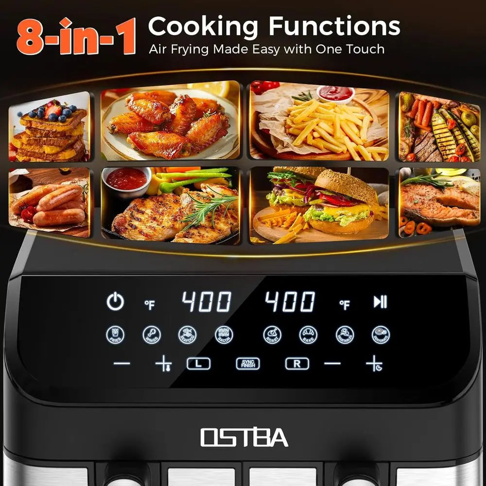 9.5QT Dual Air Fryer, 1700W Power, 2x 4.25QT Stainless Steel Baskets, Digital Touch, 8 Cooking Presets, Auto Shut-off, Dishwashe