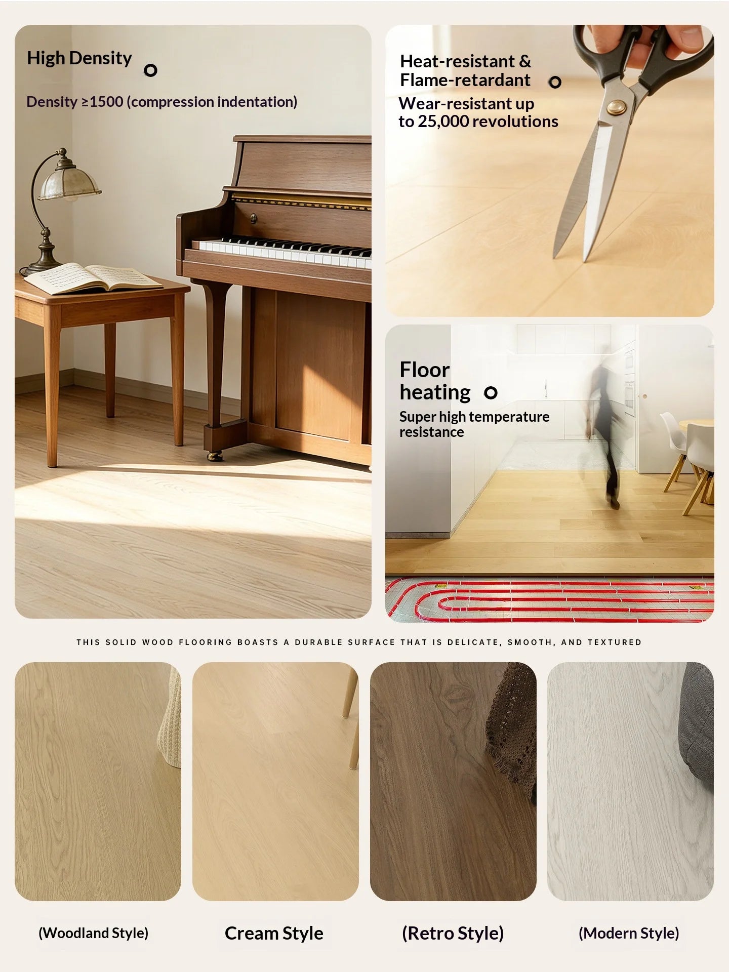 Wood-style vinyl flooring finish samples and texture swatches