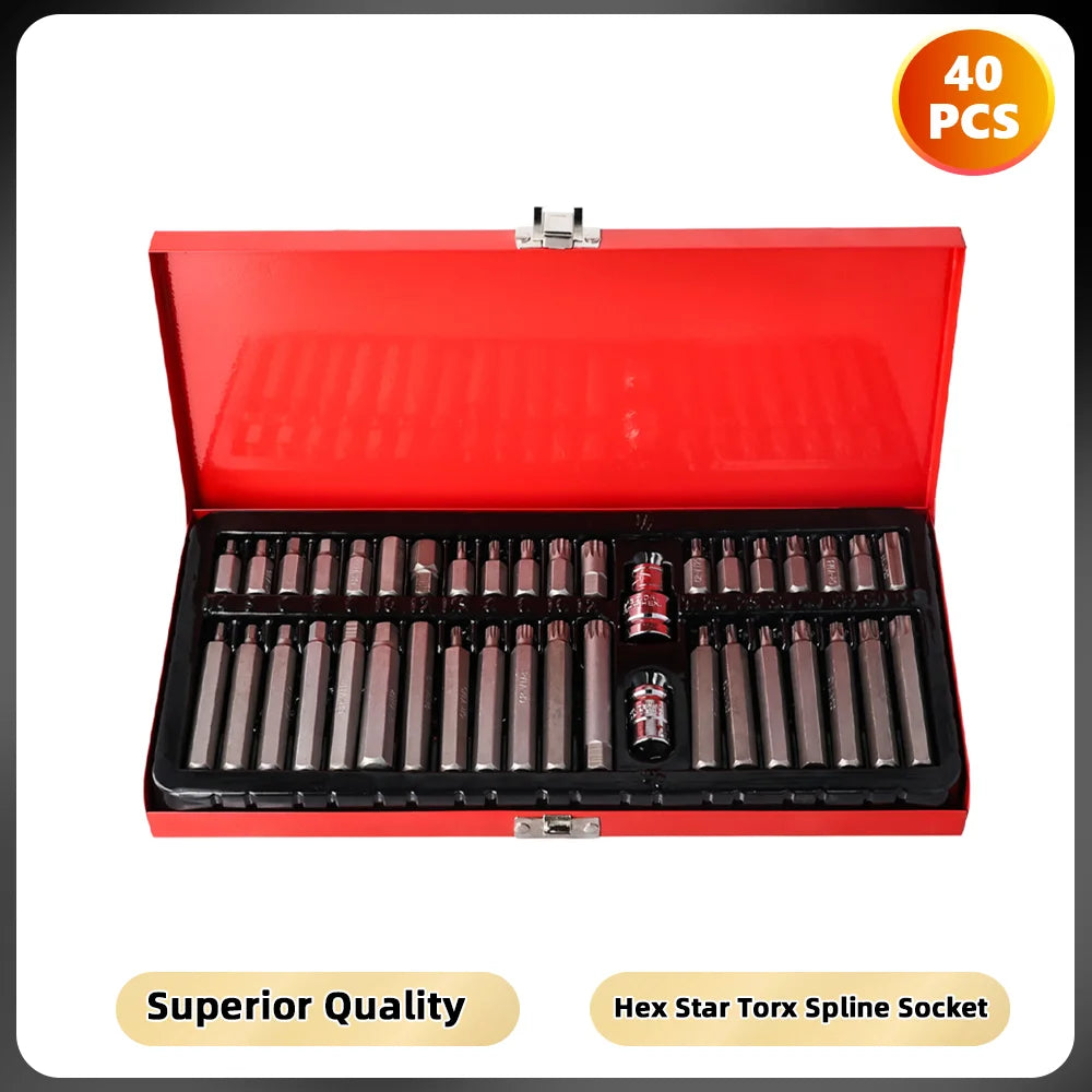 Podofo Screwdriver Socket Bit Set Tools 40pcs Hex Star Torx Spline Socket 1/2inch 3/8inch Drive Impact Socket Bit Tool Set M5 M6
