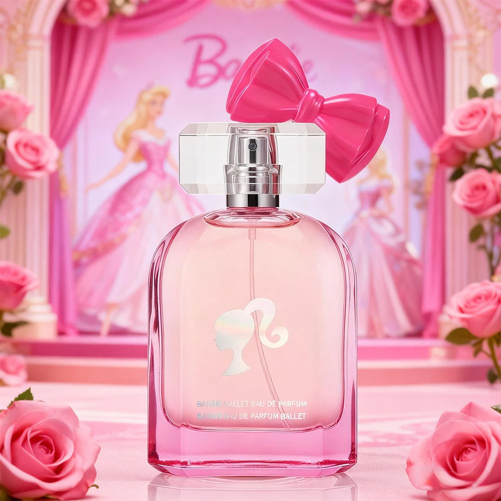 Miniso x Barbie Ballet EDP: Pink bow glass bottle, floral fruity women's fragrance gift spray.