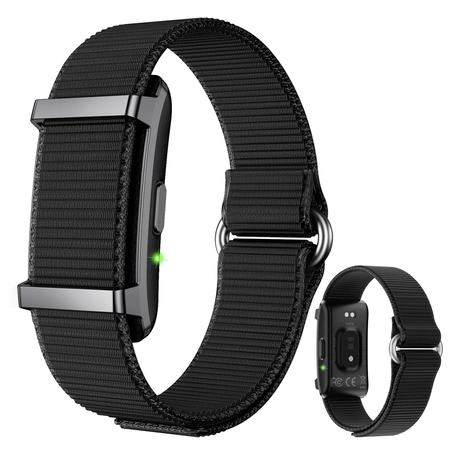 Black woven smart bracelet fitness tracker band with rectangular display module and metal buckle.