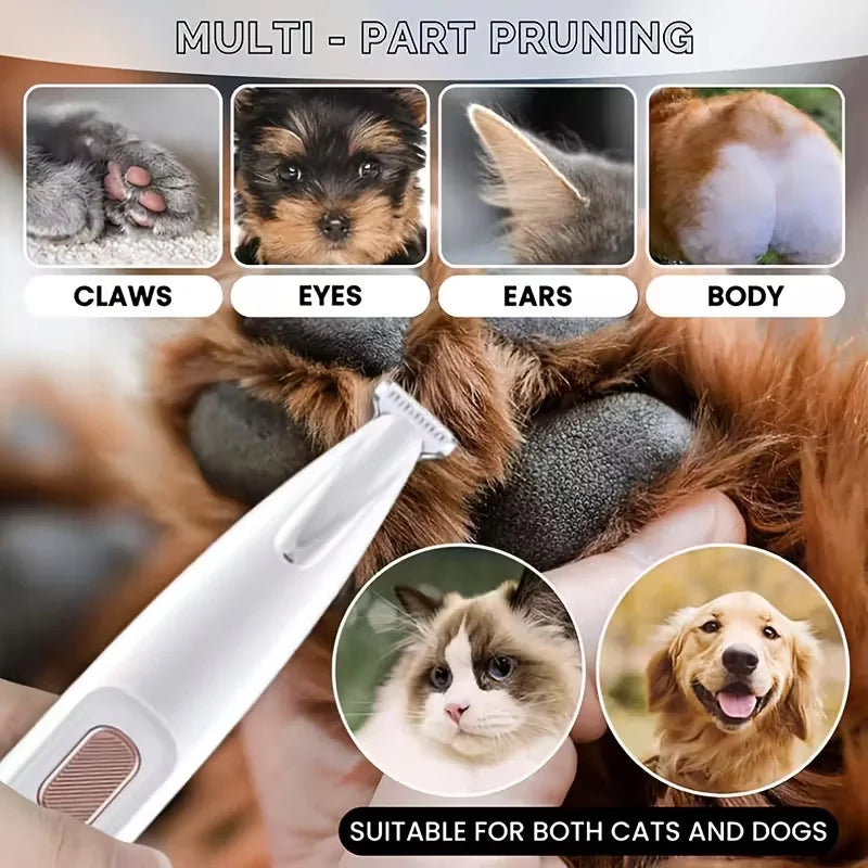Electric pet hair trimmer for grooming cat and dog paws, ears, and face. Rechargeable quiet shaver for precise grooming.