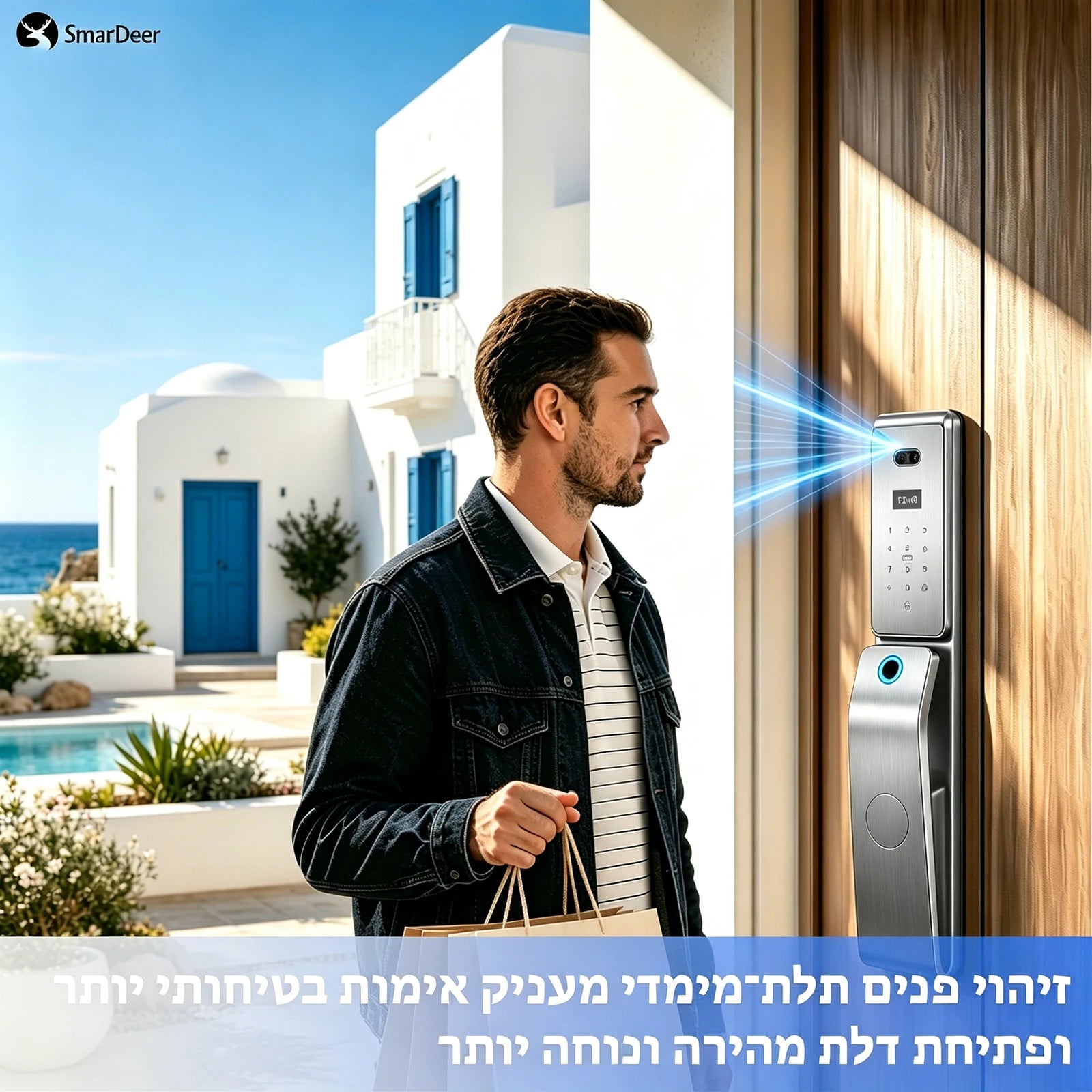 SmarDeer Israel 6590 Mortise Smart Lock for Tuya,IP66 Waterproof 3D Face & Palm Vein Recognition Lock with Hebrew,Tuya Wifi Lock