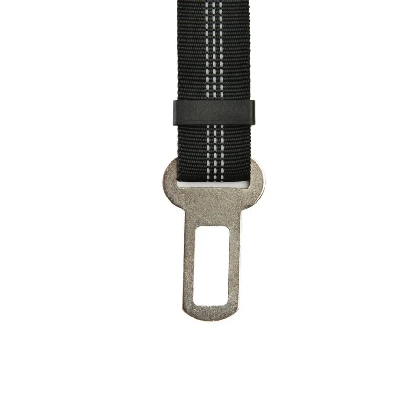Adjustable black reflective dog car seat belt for safe, secure pet travel for small to large dogs.