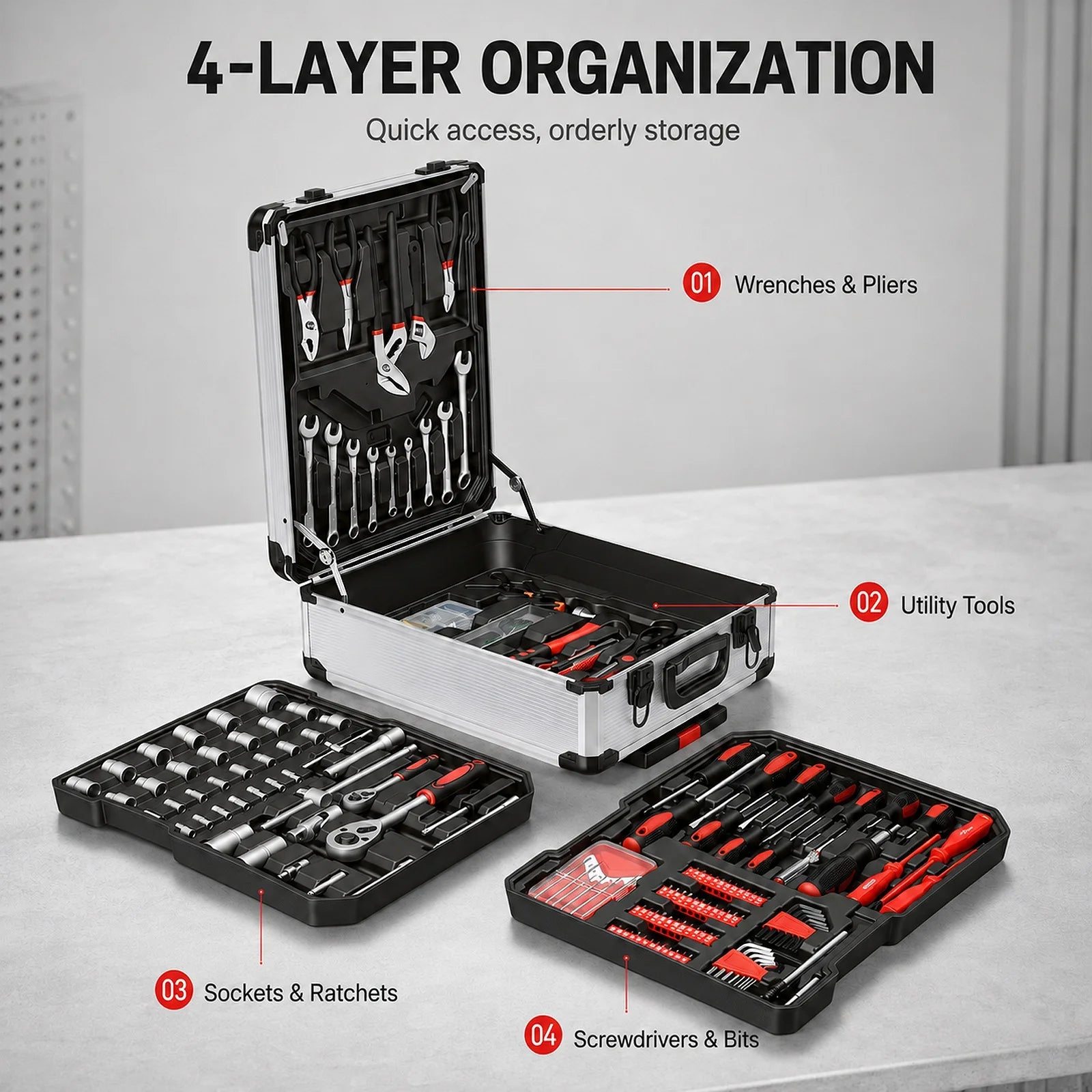 Professional Rolling Toolbox with Wheels Complete Mechanic Tool Set Heavy Duty Socket Wrench Kit Automotive Repair Hand Tools Portable Storage Case for Car Motorcycle Bicycle Home Garage Workshop Maintenance Equipment DIY